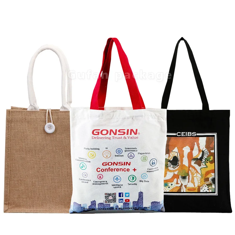 foldable tote grocery eco friendly recyclable gift custom handle bags with logos luxury jute cotton canvas shopping bag