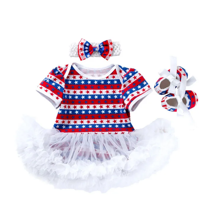 
New Independence Day Short Sleeve baby Romper Skirt Jumpsuit Shoes Three Piece Girls Clothes Dress Sui 
