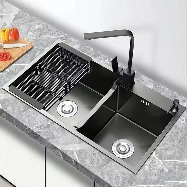 Modern Handmade Stainless Steel Nano Sink Black SUS304 Double Bowl Kitchen Sink Food Grade Oil Resistant Sink