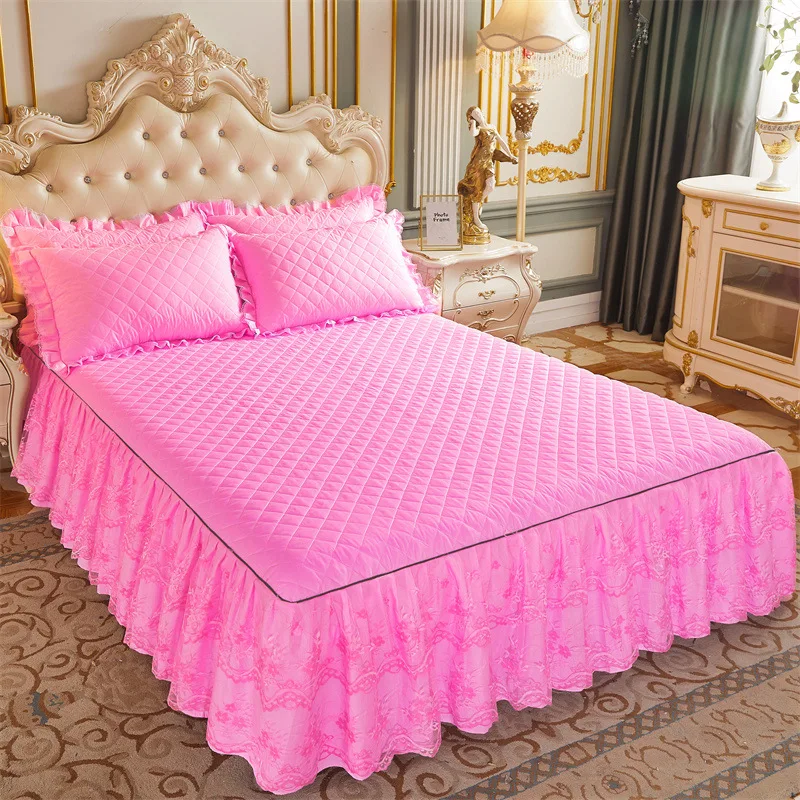 New Solid Color Double-layer Cotton Lace Bed Skirt Bed Cover Thickened Ground Wool Three-piece Set 10 60 Customizable Plain Dyed