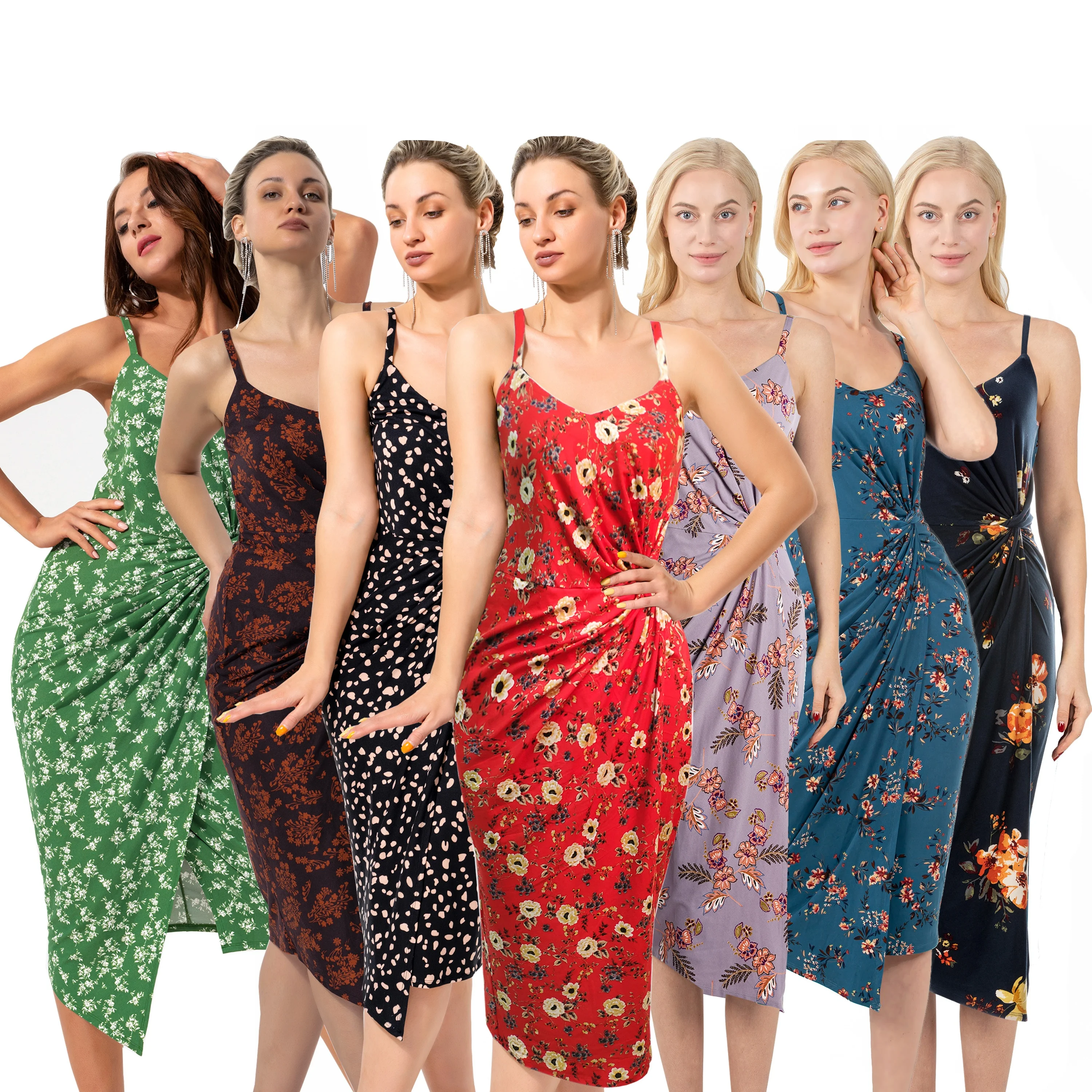 Ladies Summer Casual Elegant Women Clothing Knit Sexy Bodycon V Neck Knot Front Midi Dresses