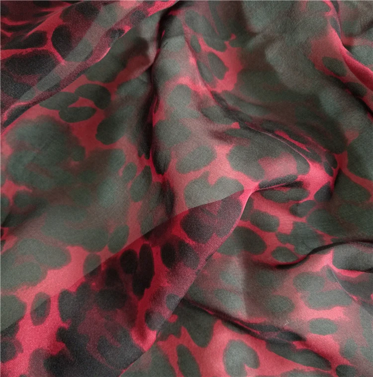 6MM 8MM chiffon silk fabric hand screen printed spring autumal red leopard
