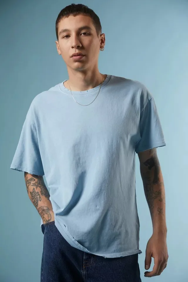 MGOO Manufacturer Solid blue t-shirt Men ripped vintage tee