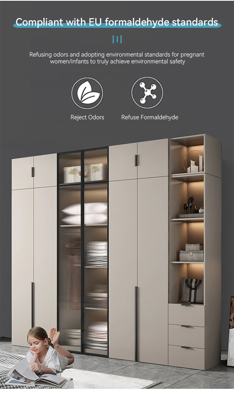 Jiuyiixng Aluminum  Wooden Cabinet Bedroom Furniture Multiple Sizes Customizable Mirror Glass Wardrobe Door