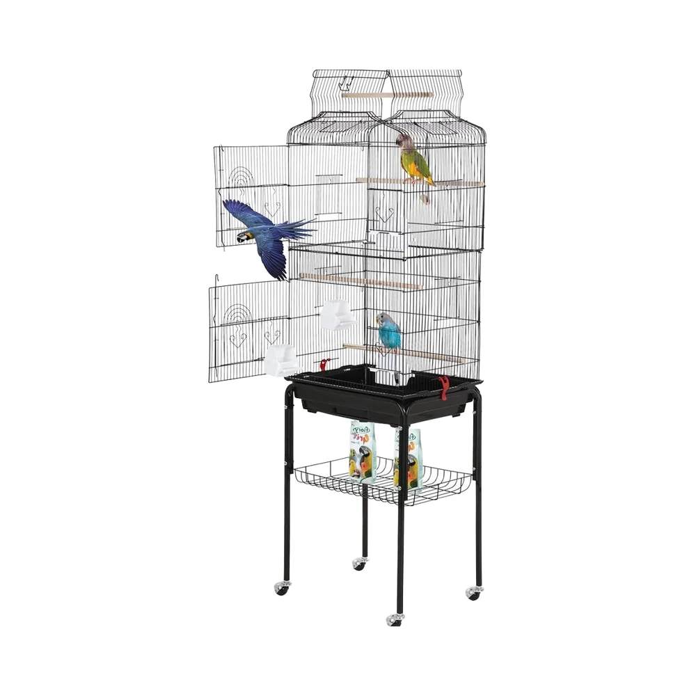 2025 New 64-Inch Wrought Iron Bird Cage Detachable Rolling Stand Open Top Design Parakeets Small Medium Parrots Black Animal