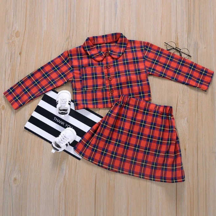 2020 Autumn New Korean Long Sleeve Red Plaid Shirt And Skirt Two-Piece Kids Girls Clothes Set