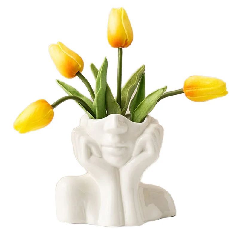 DREA Modern Nordic Decorative White Ceramic Female Face Shaped Flower Vase Half Body Bust Feminist Sculpture Art ware