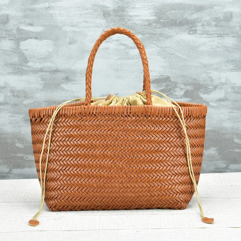 Large Top Handle Shoulder Drawstring Pouch Bali Rattan Cowhide Woven Lady Bags Genuine Leather Handbags For Women