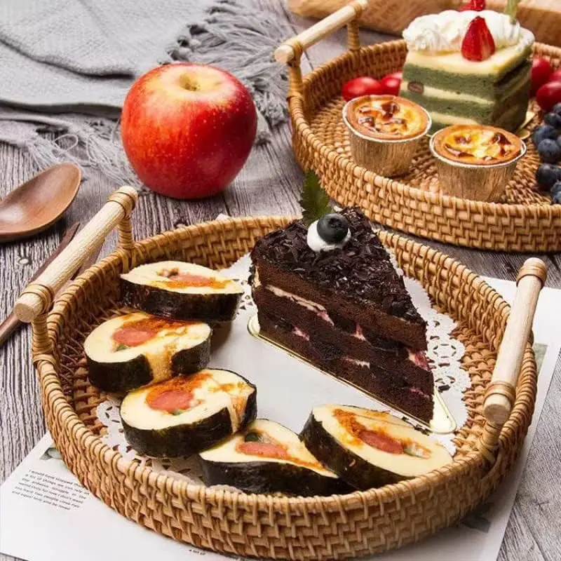 Ручной плетеный поднос из ротанга Плетеный Круглый плетеная корзина для сервировки с деревянной ручкой