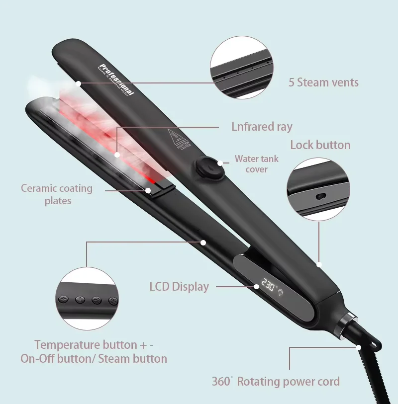 Five Plus Hot Sale Hair Keratin Steampod Vapor Professional Steam Hair Straightener Infrared Flat Iron Hair Straightening Irons