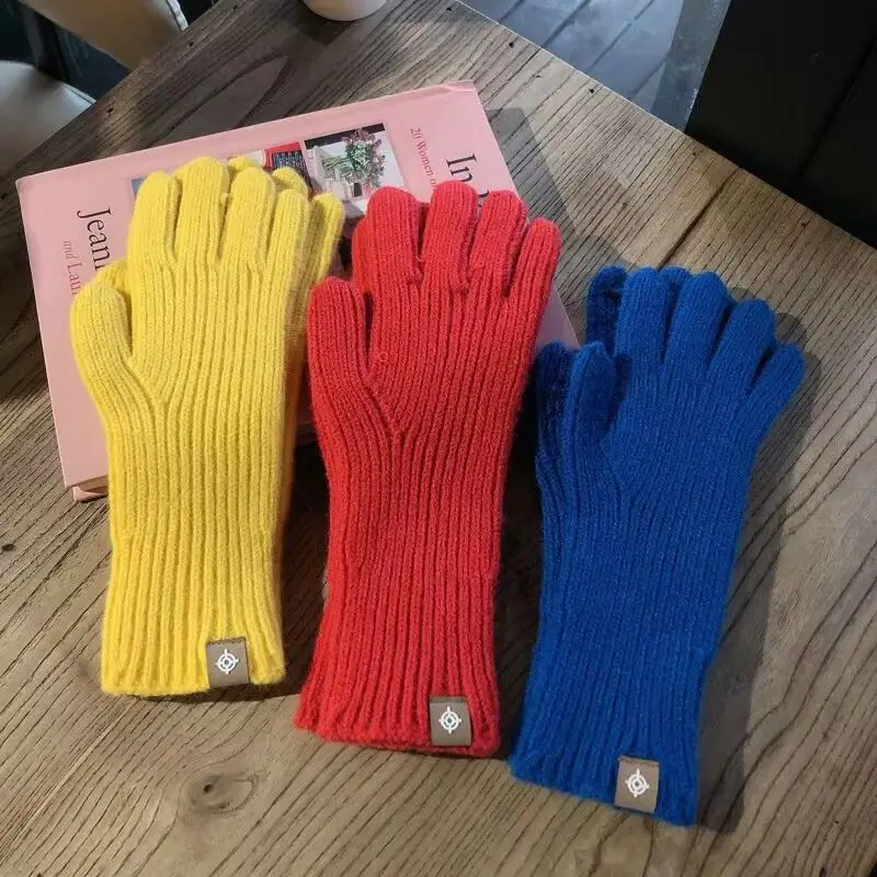 Autumn Winter New Warm Solid Color Wool Knitted Labeling Gloves Girls Finger Open Finger Touch Screen Outdoor Sports Daily