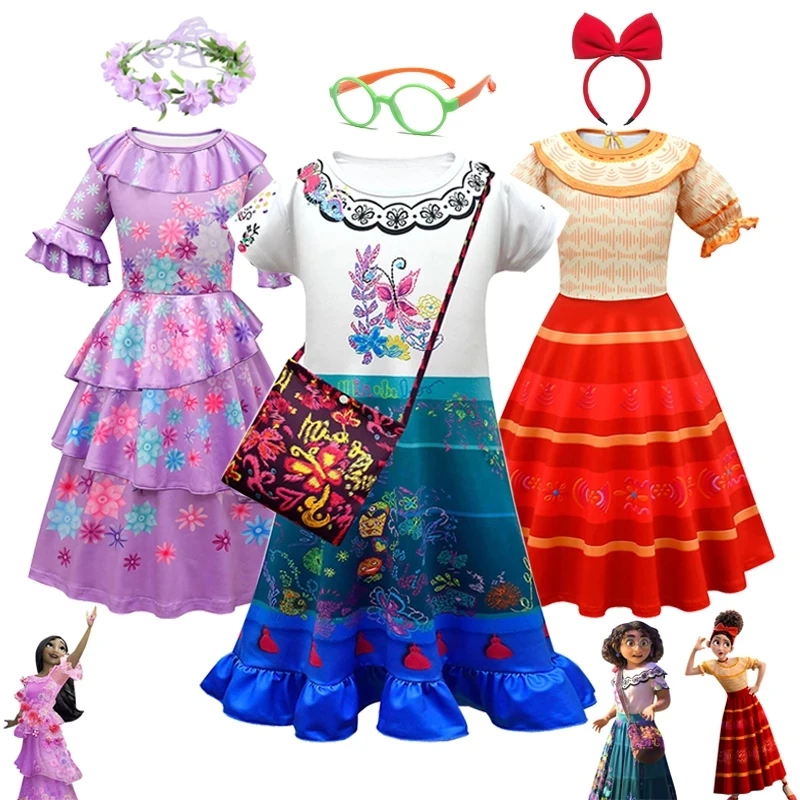 Encanto Mirabel Madrigal Cosplay Costume Girl Dress Fancy Dresses for Carnival Party Halloween Princess Dress Glass Earrings Bag
