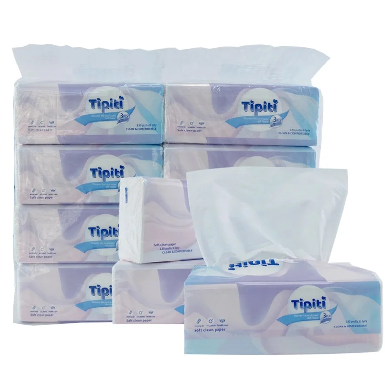 Hot Sale Customized Soft Pack 3 Ply Virgin Wood Pulp Household Facial Tissue Paper