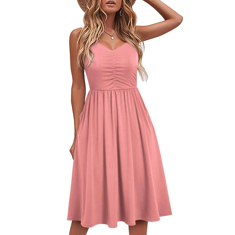 Custom Casual Dresses for Women Sleeveless  Summer Beach Bamboo spandex Dress  Spaghetti Strap Sundresses with Pockets patterns