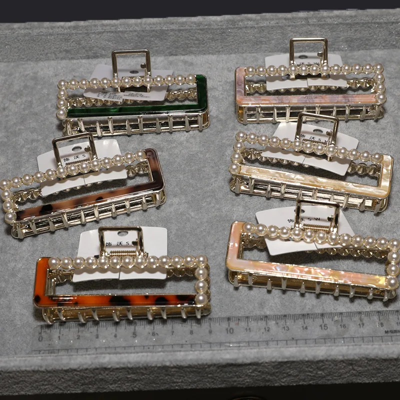 Women 9cm big large pearl Acetate Metal Alloy Square Hair Clip Claws