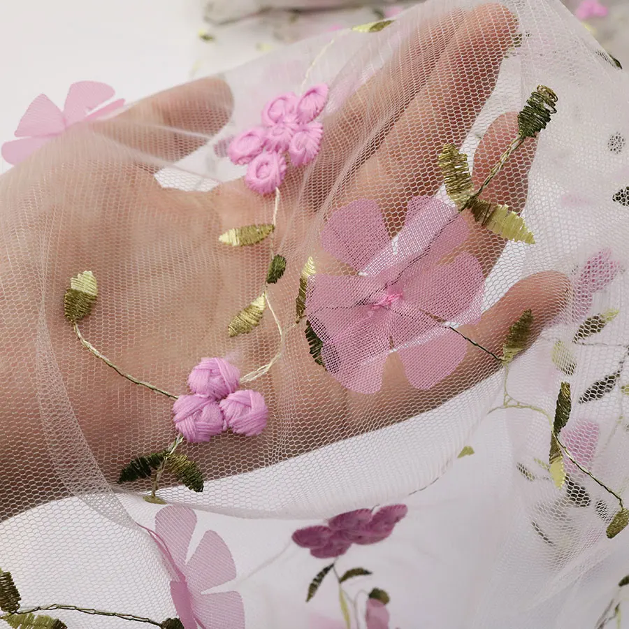 High Quality Lovely Pink and White 3D Laser Cut Embroidered Embroidery Lace Fabric for Wedding