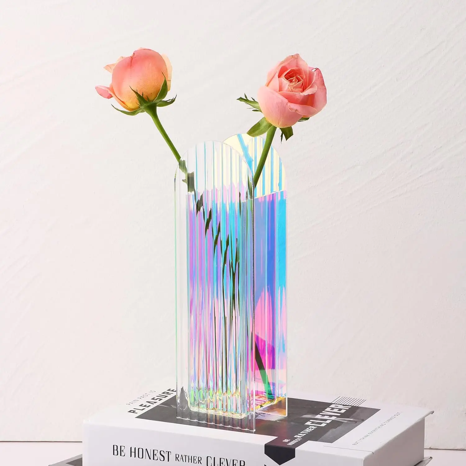 Acrylic Flowers Vase for Home Decor, Rectangular Iridescent Clear Vase 9.4'x3.1' Aesthetic Room Wedding or Office Decorations
