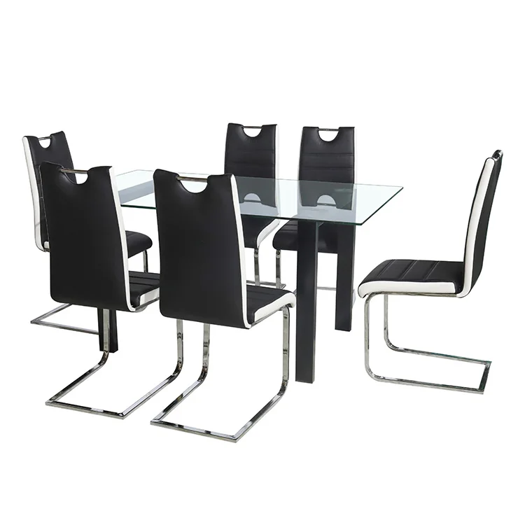 Nordic Luxury Dining Room Furniture Modern Design Glass Rectangular Dining Table And 6PCS Leather Chairs With Metal Chrome Legs