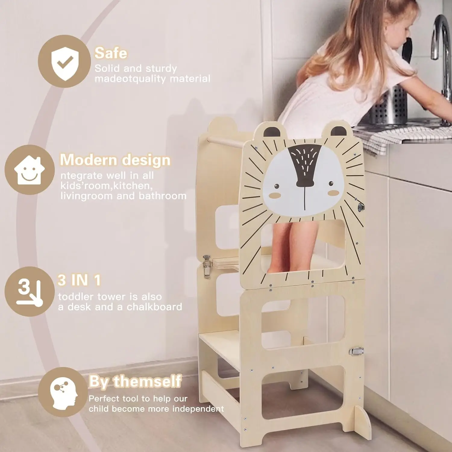 Kids Step Stool Toddlers Kitchen Stool Learning Foldable Toddler Table and Chair Set Wooden learning Tower with Chalkboard