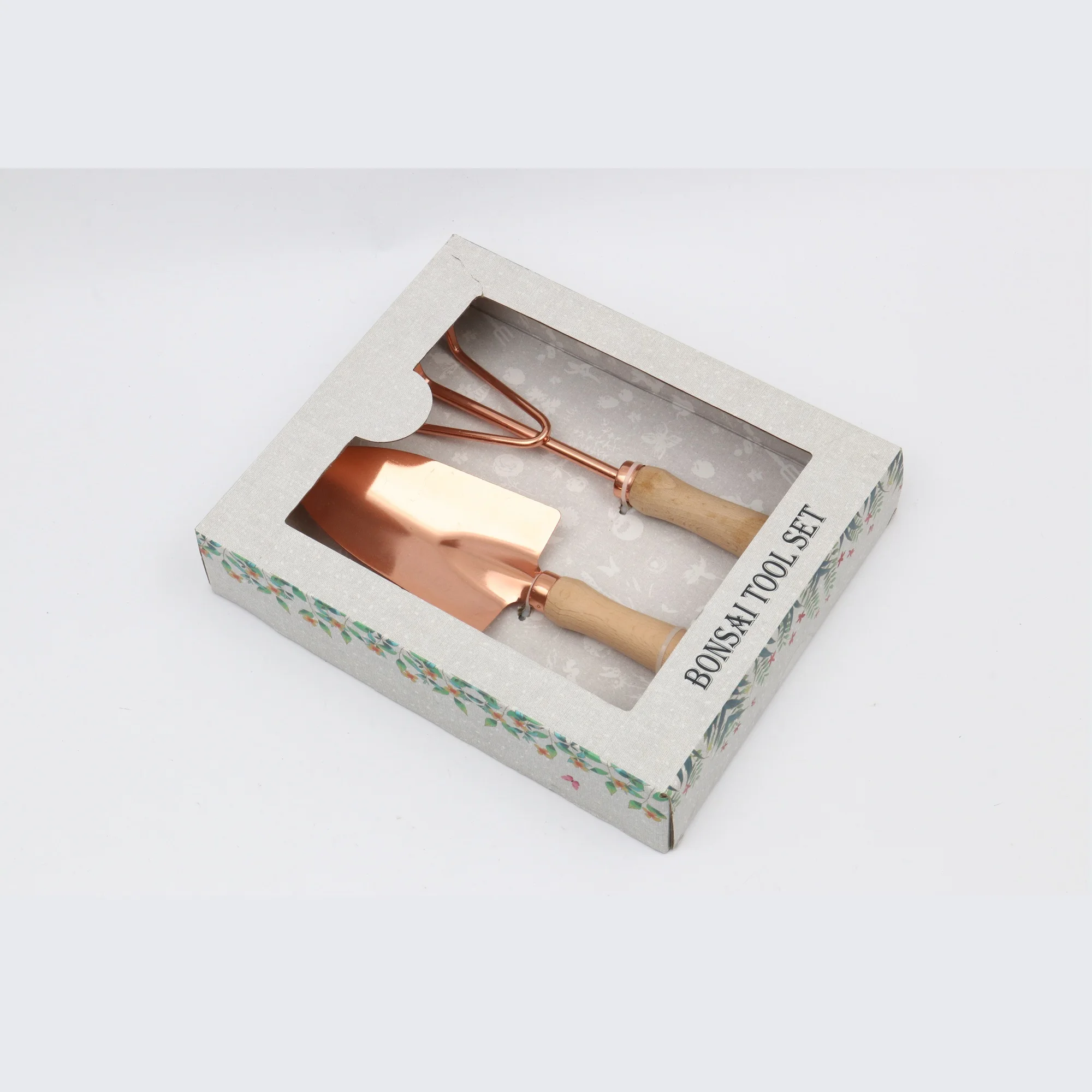 Factory Price Rose Gold Spade Cultivator 2 piece Custom Garden Equipment Tools Shovel Rake with Wooden Handle