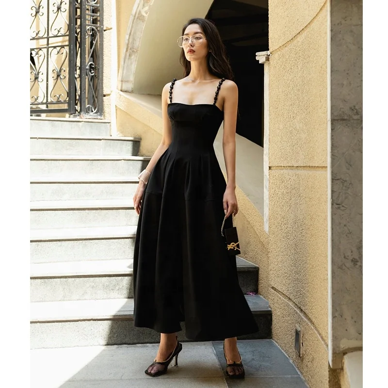 2022 New Light Luxury Dress Design Slim Simple Black Sling Dress Party Evening Dress