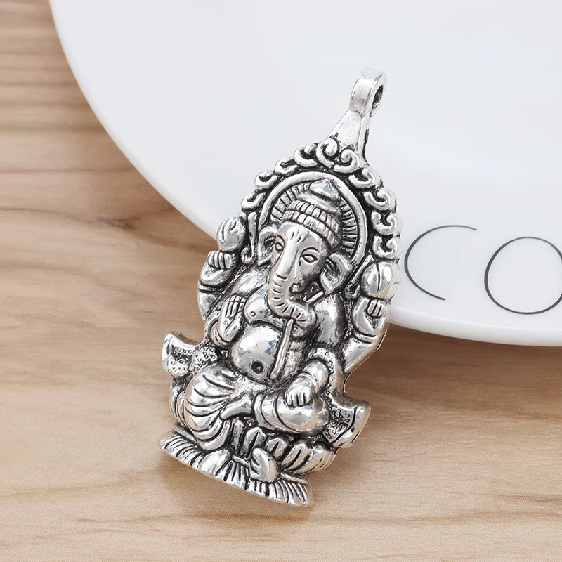 
Antique Silver Large Ganesha Elephant God Of Beginnings Charms Pendants for Necklace Jewelry Making 62x32mm 