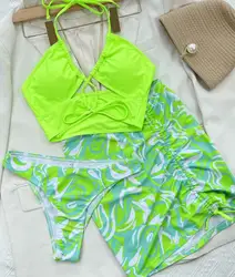 2023 STOCK Lace Up Front Long Ties 3Pieces Swimsuit Sexy Lady Brazilian Bikini Set Short Micro Beachdress