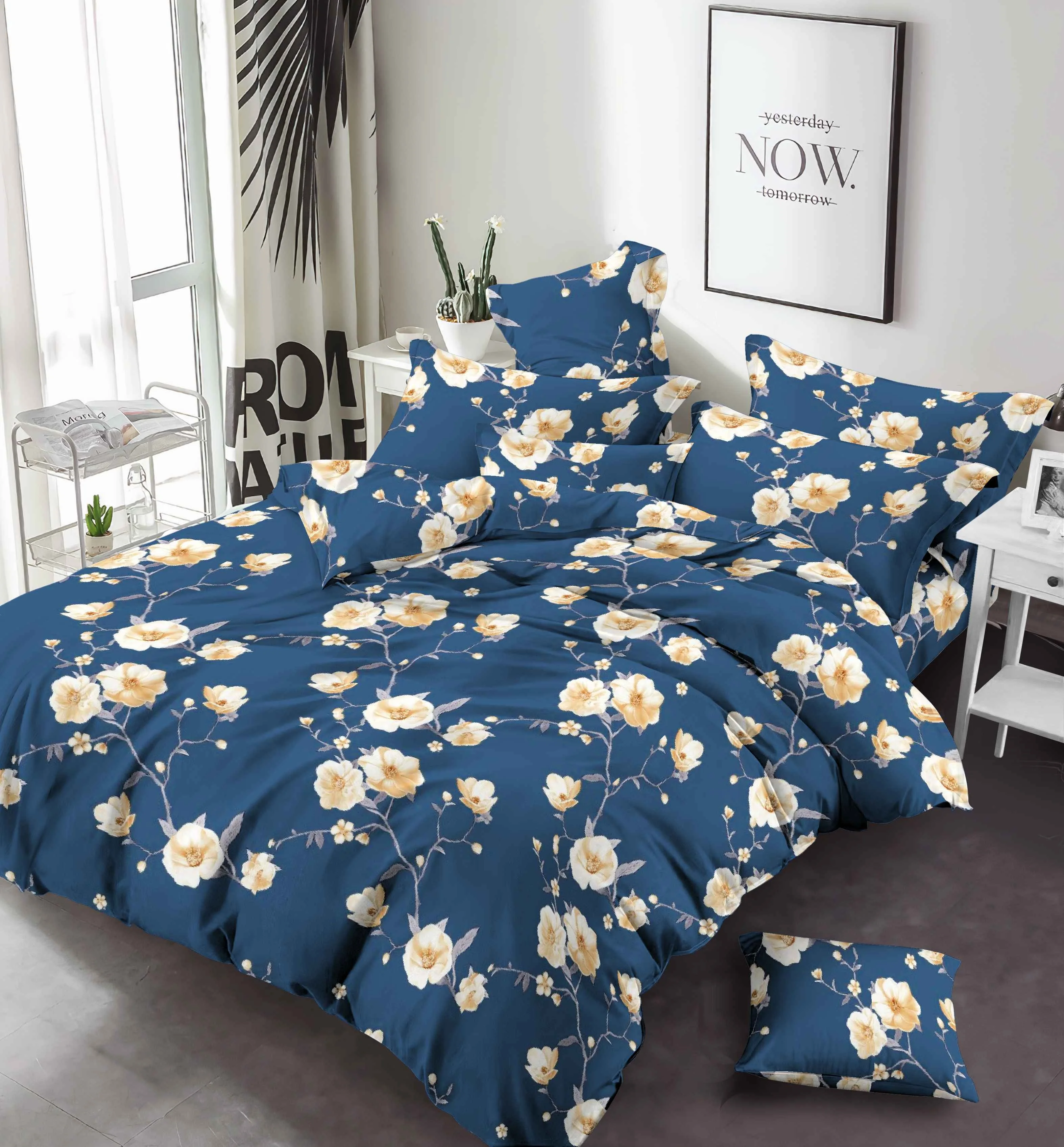 Blue flower geometric pattern print 100% polyester microfiber fabric for making bed sheets For Making Bed Sheets