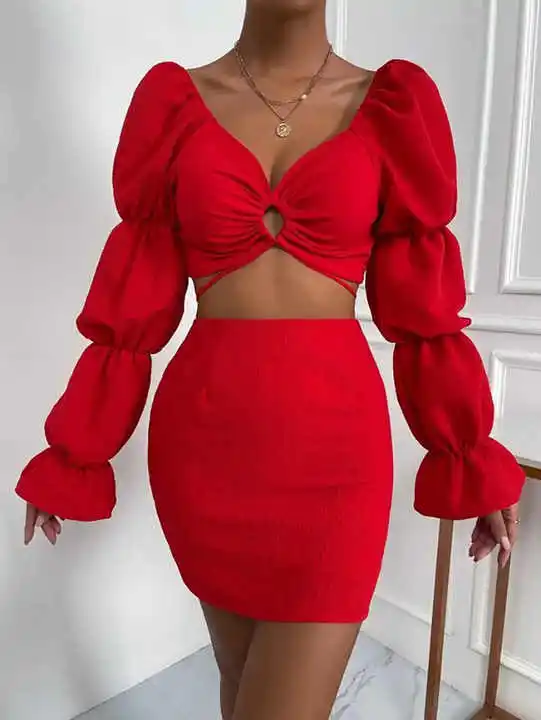 Women Lady Summer Women Summer Solid Colors Long Sleeve Tops Outfits 2 Pieces Skirts Sets Sexy Dress