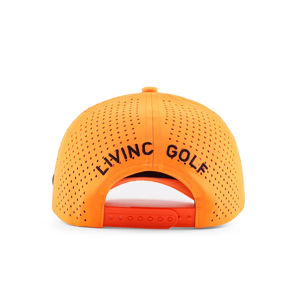 Custom Embossed PVC Logo 5 Panel Laser Cut Hole Perforated Performance Hat Waterproof Sport Baseball Cap Rope Quick Dry Golf Hat