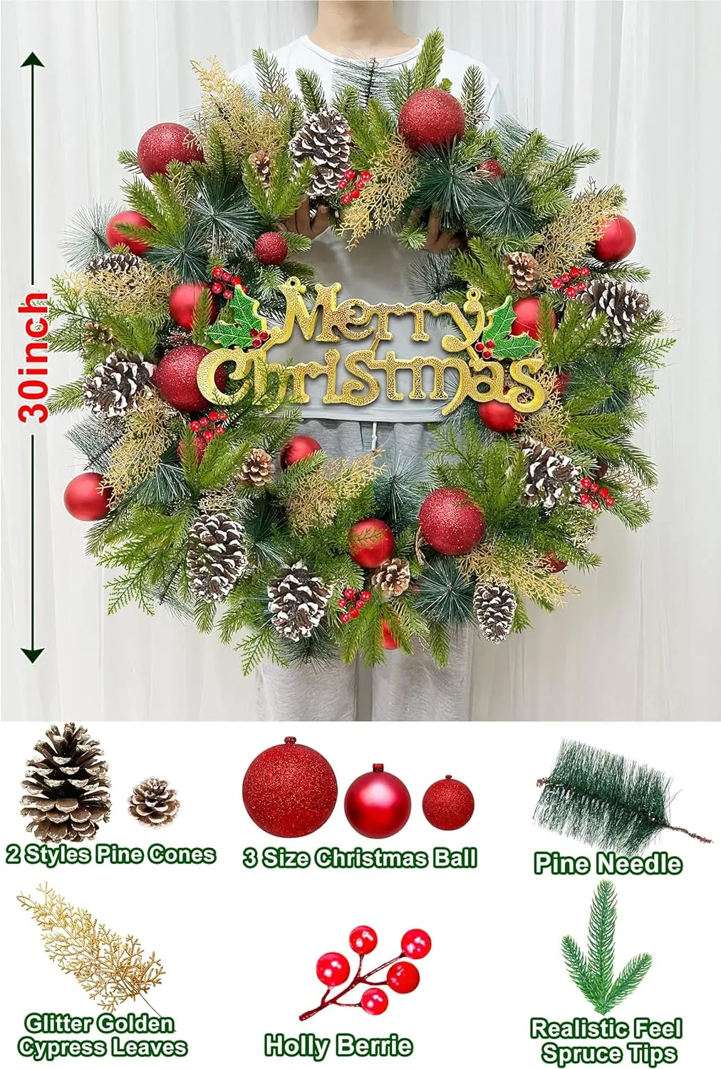 Christmas wreath with  light balls and pine cones are suitable for all occasions and bring a merry Christmas atmosphere