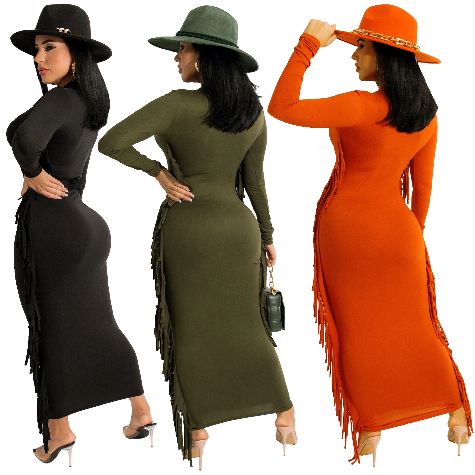 MSL461-Fashion Casual Solid Color Sexy Three-Color A-Line Skirt Ladies Long-Sleeved Dress
