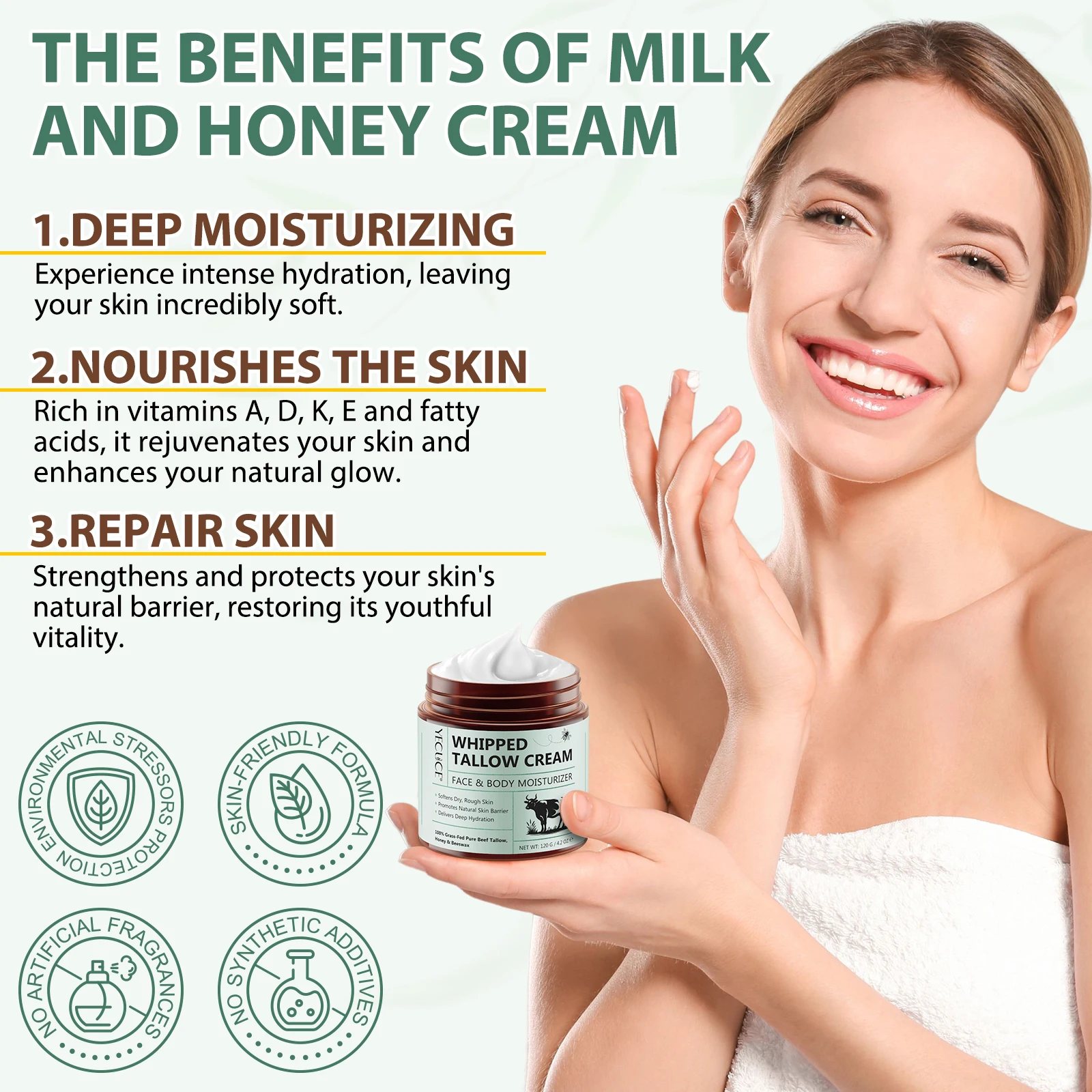 YECUCE Private Label Wholesale 100% Organic Beef Tallow Face Butter Body Lotion Unscented Whipped Tallow Cream for Skin Care