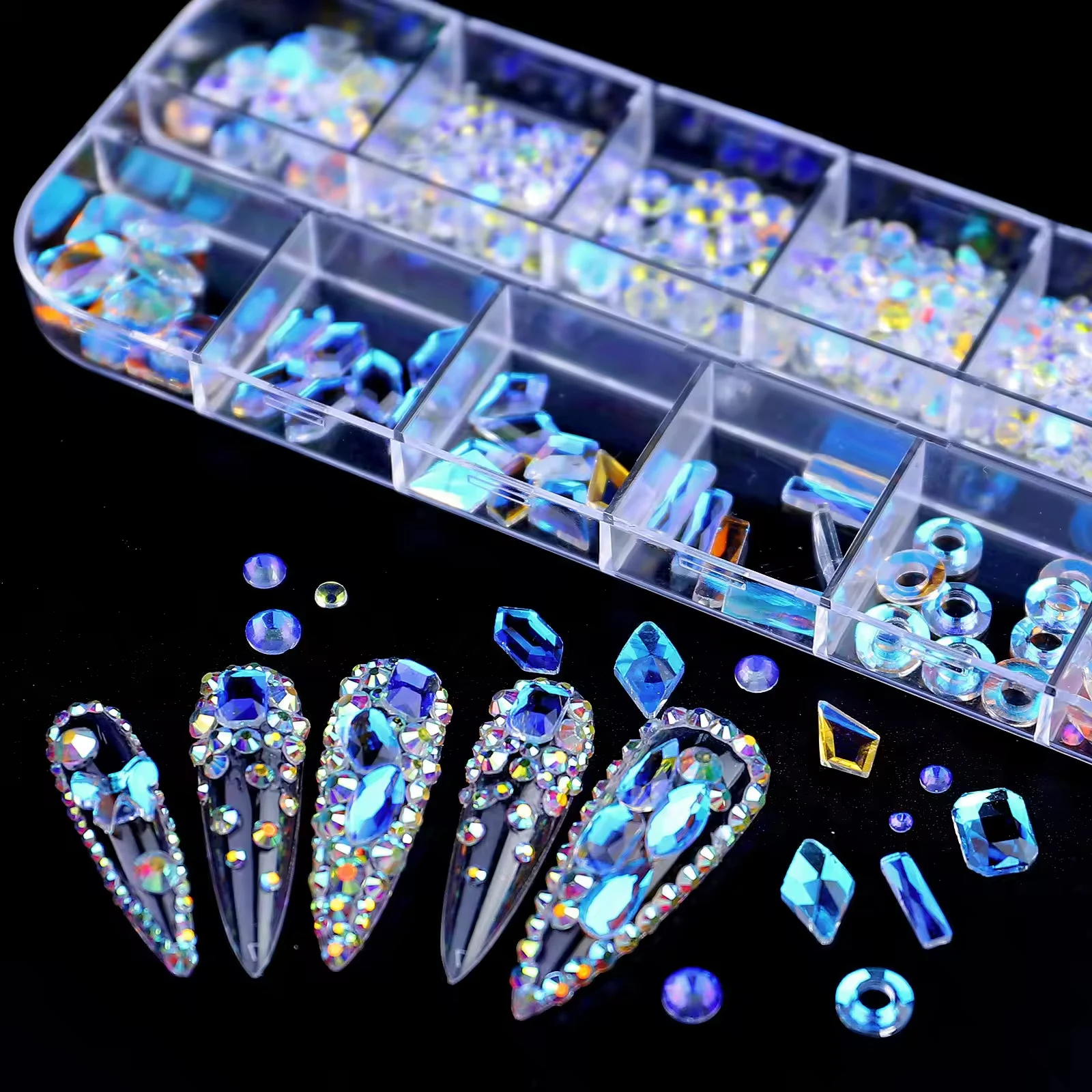 B9 Wholesale 12 Grid Flatback nail rhinestone Multicolor Various shaped Nail Art Rhinestones for DIY press on tips