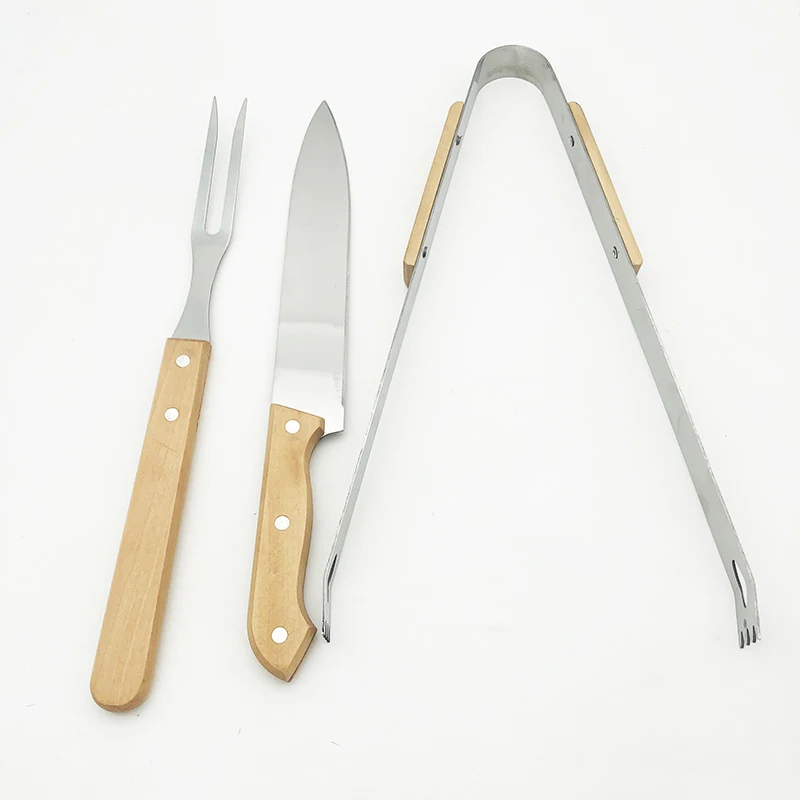 3 Piece  Outdoor Camping Barbecue Accessories Grilling Tools Carry Bag Stainless Steel Wooden Handle BBQ Grill Tool Set