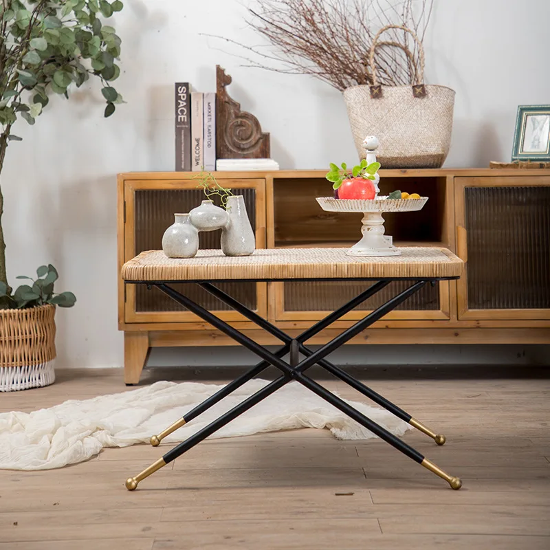 Hot Sale Farmhouse Retro Antique Living Room Sofa Balcony Corner Design Tempered Glass Rattan Coffee Table