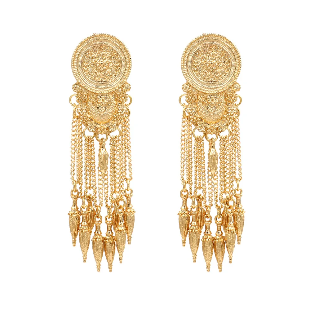 Welwish Creative ZA Style Gold Metal Hyperbole Rivet Tassel Indian Earring For Girls
