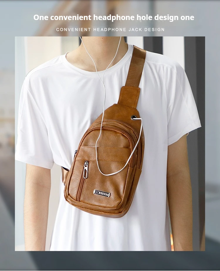 Retro Fashion PU Leather Chest Bag Large Capacity Waterproof Chest Bag Outdoor Headphone Jack Design Chest Bag