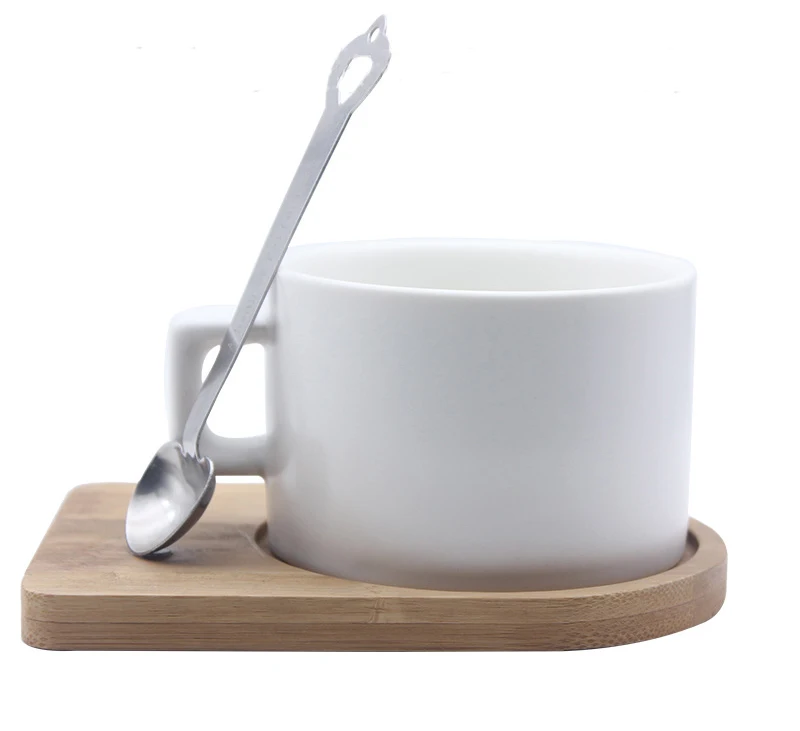 RubbySub 6oz Stone Ceramic Coffee Cup White Porcelain Tea Cup with Bamboo Plate and Metal Spoon