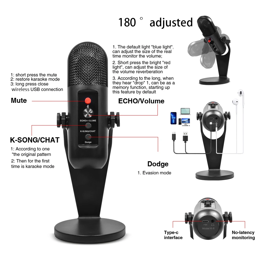New K-6 USB Wireless Microphone For Laptop PC Computer Desktop Condenser Mic Set For Podcasting Gaming  With Adjustable Stand