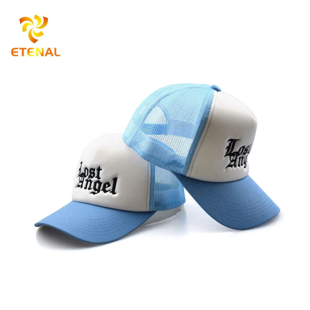 OEM ODM Hat Factory Wholesale Custom Embroidered Logo Mesh Cap Blue White Two Tones Foam Trucker Hats