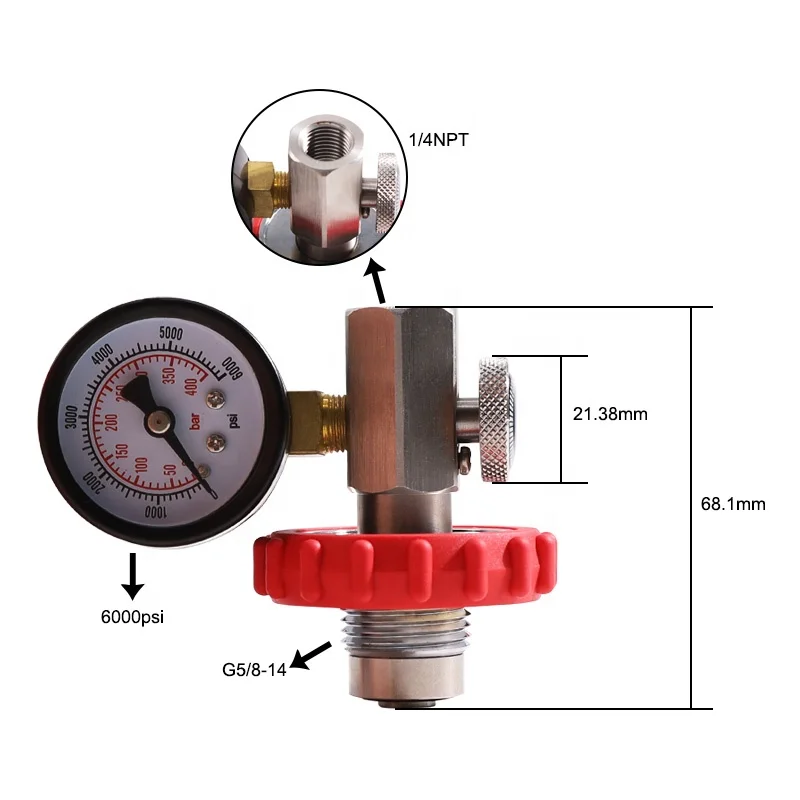 Paintball Air Gun Airsoft PCP HPA DIN G5/8-14 to 1/4NPT Scba Fill Station Charging Adapter Connector with 6000psi Gauge