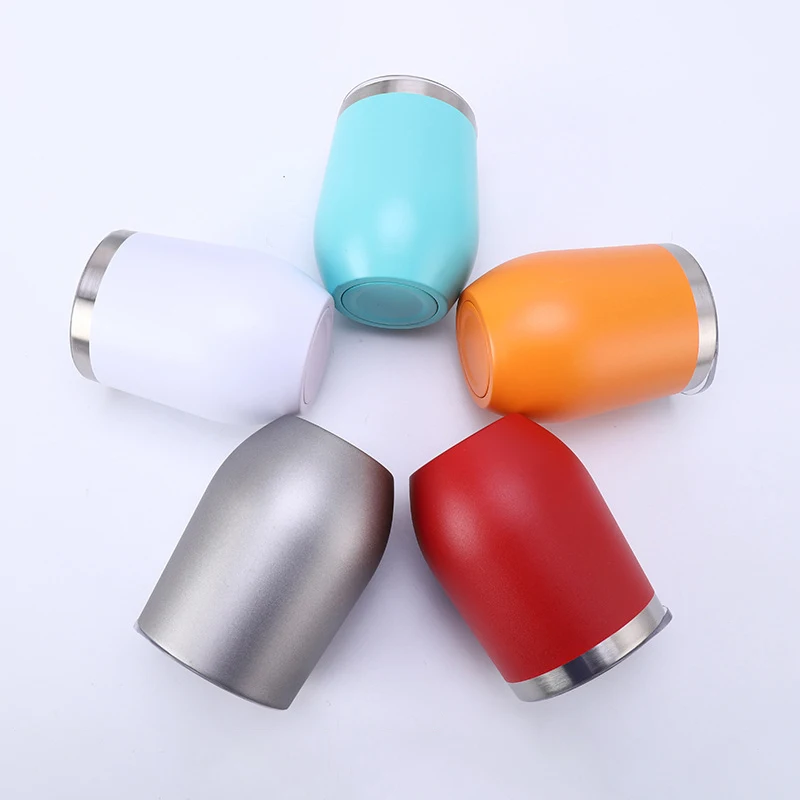 Custom Logo 12oz Stainless Steel Insulated Powder Coated Sublimation Egg Shape Thermal Cup Coffee Mug Wine Tumbler with Lid