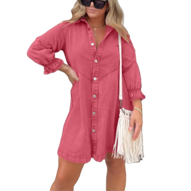 Casual Denim Dress with Washed Shirt Style Lantern Sleeve and Loose Fit