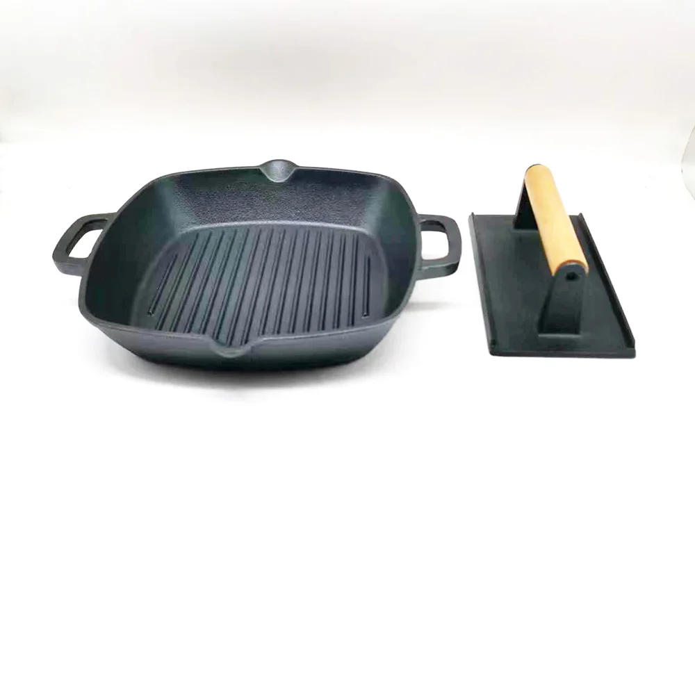 Preseasoned Cast Iron Skillet Fry Pan Square Griddle with Ribs Nonstick with bacon press