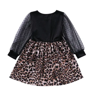 
2021 New design spring fashionable tull mesh dot sleeve leopard print kids dress 