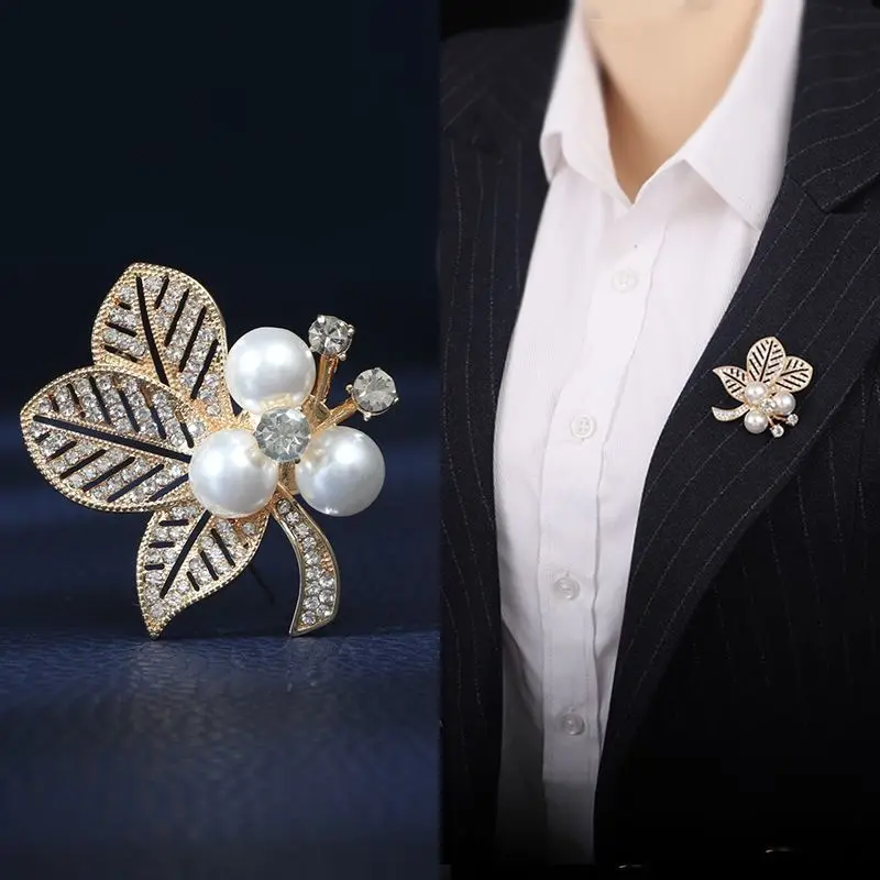 Light Luxury Personality Rhinestone Diamond Pearl Leaf Brooches Women Flower Brooch Pin