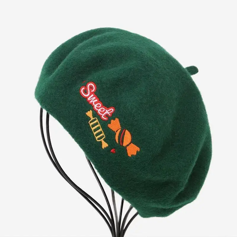 
Autumn and Winter Beret Hat for Kids Children Candy Embroidery Wool Beret 