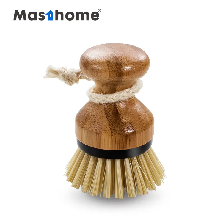 Masthome Household  Bamboo short Handle Bamboo dish scrub cleaning brush for kitchen with linen rope hook
