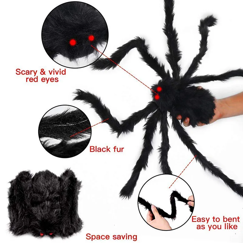 Outdoor Halloween Giant Spider Web Black  Hairy Spider with Round  Huge Spider Web for Halloween Decoration